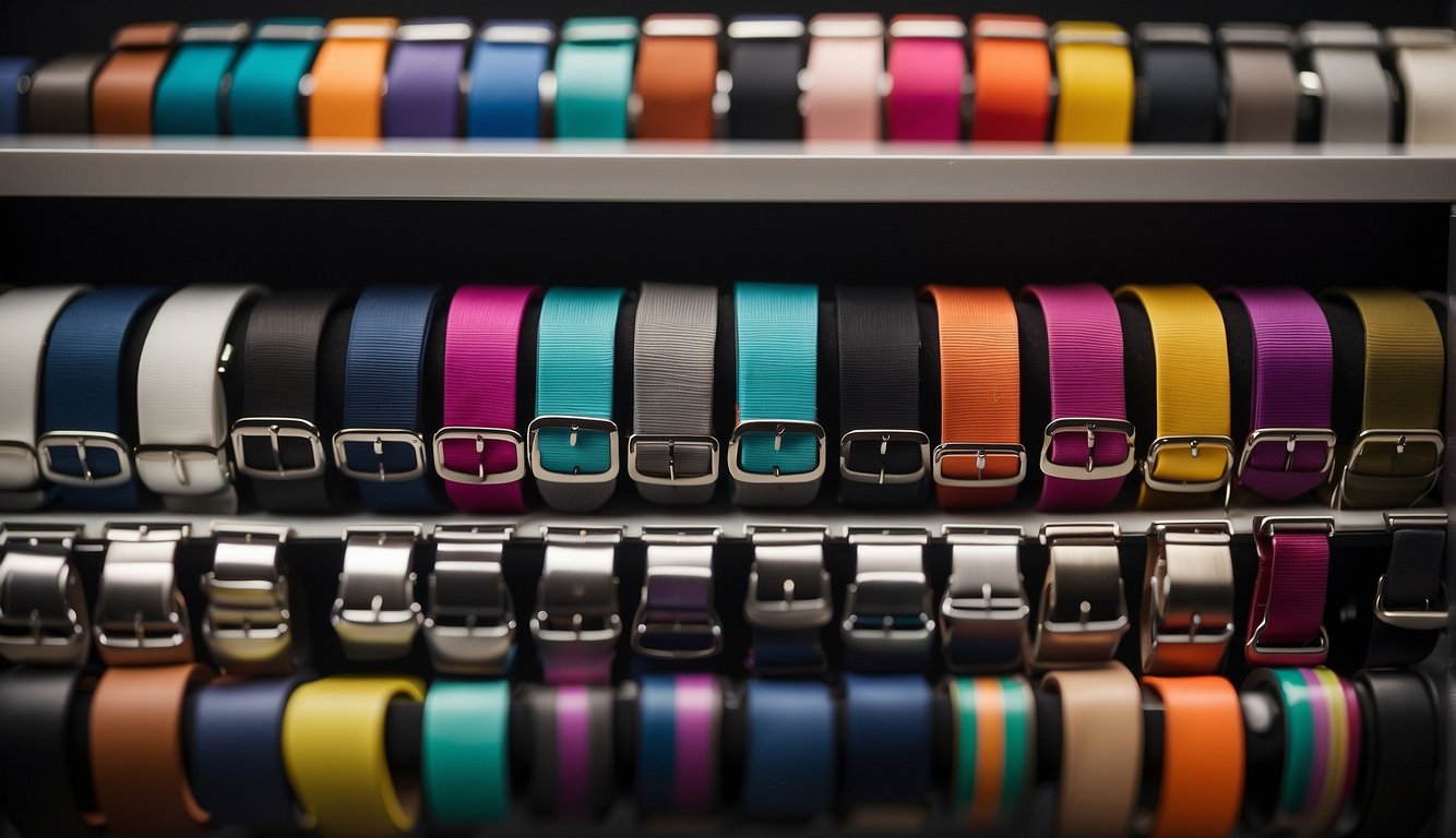 A display of colorful watch bands arranged on a shelf, with a sign indicating "Starlight Apple Watch Bands" and a section dedicated to accessibility options
