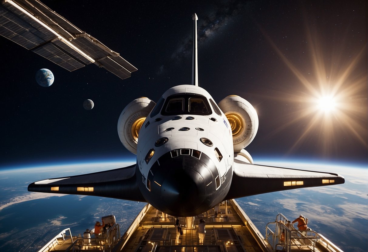 A space shuttle docks at a futuristic space station, while private company logos adorn the exterior. Inside, athletes practice zero-gravity sports and recreation activities, such as floating soccer and trampoline acrobatics