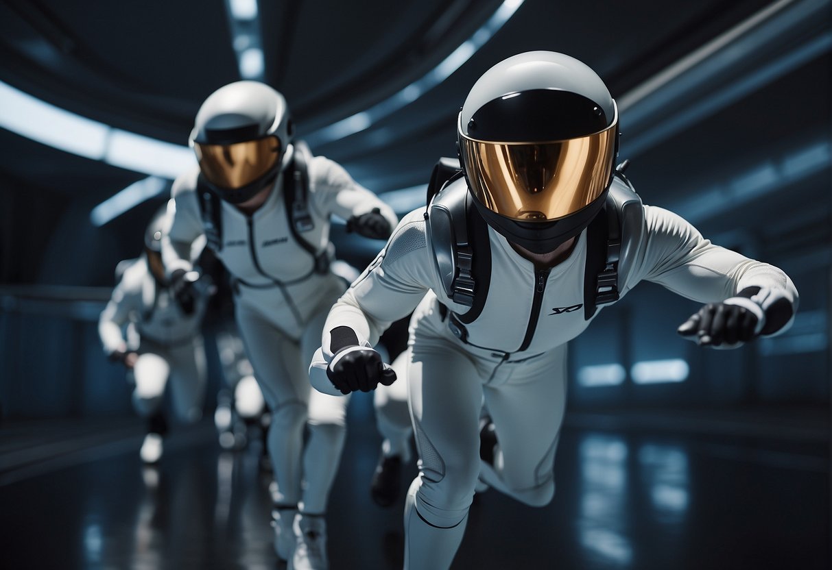 Athletes in sleek, aerodynamic suits compete in a zero-gravity arena, gracefully maneuvering through the air to score points in a futuristic interstellar sports event