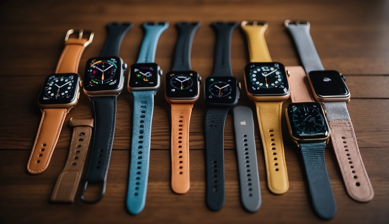 Various Apple Watch bands laid out on a table, showcasing different colors, materials, and designs. Price tags visible on some bands