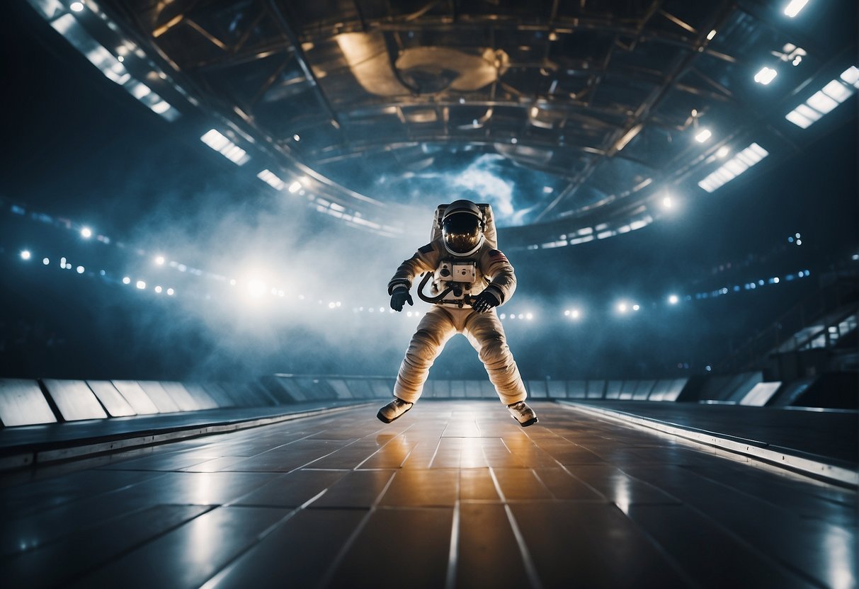Athletes in zero-gravity arenas play futuristic sports and engage in recreational activities