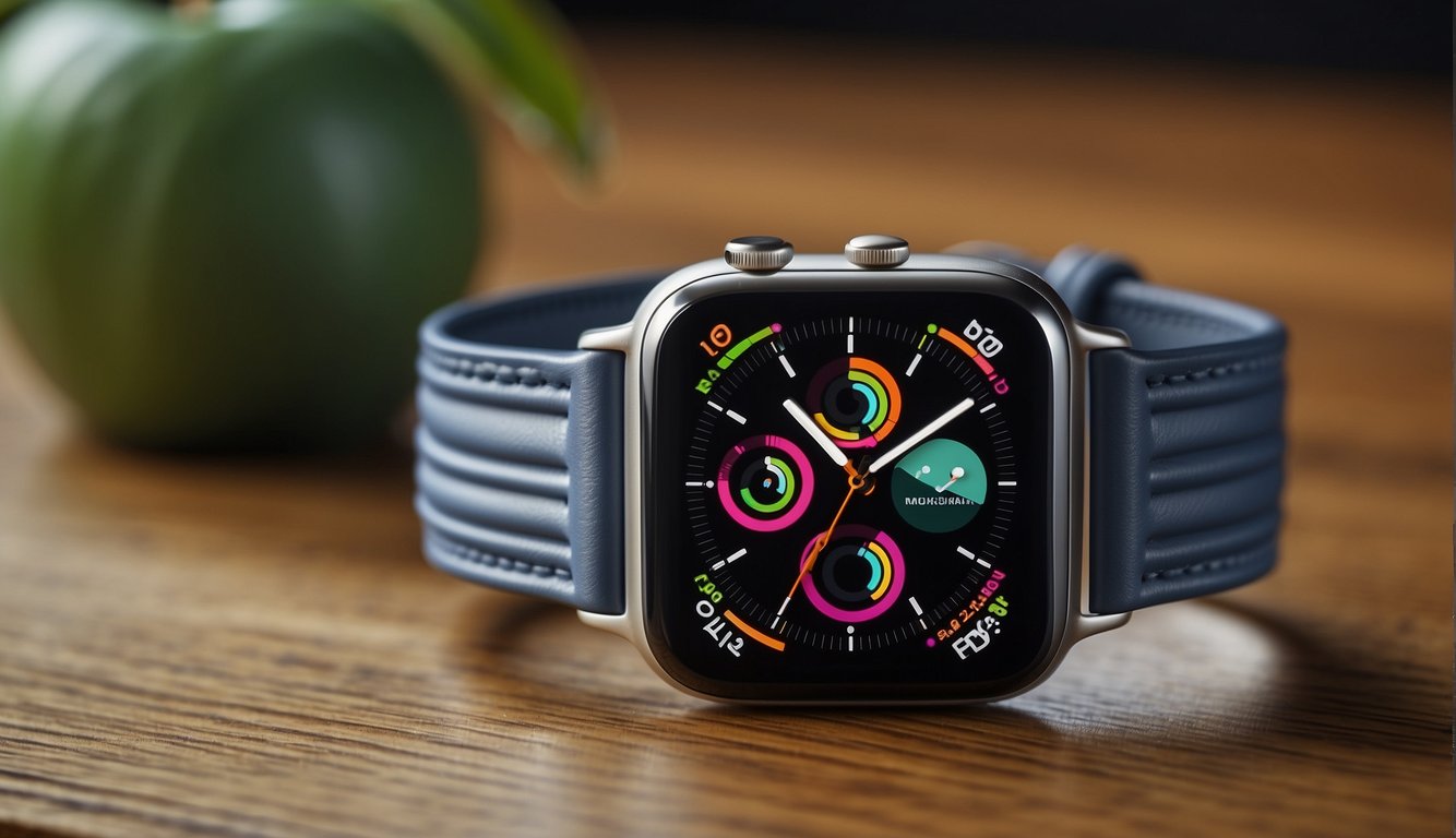 An Apple Watch displayed on a clean, white surface, with various band options arranged neatly beside it