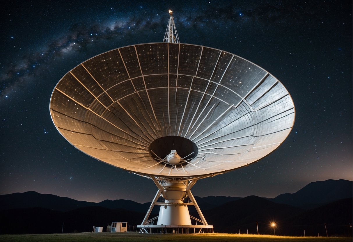 A large satellite dish sends out signals into the vast expanse of space, surrounded by a backdrop of twinkling stars and distant galaxies