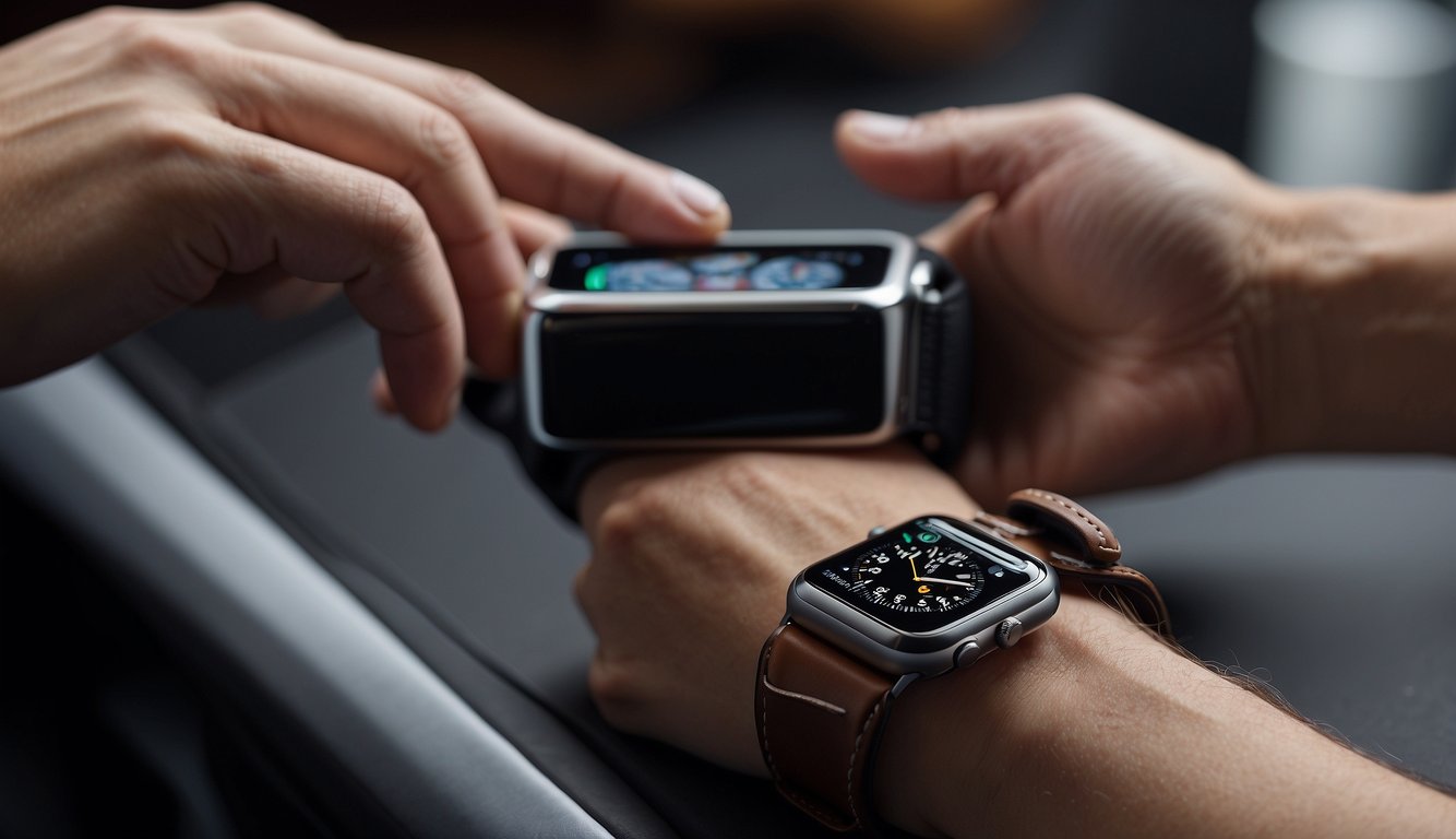 A hand holding a soft cloth and leather cleaner, gently wiping the surface of an Apple watch band. The band gleams as it's being cleaned, with care taken to preserve its quality