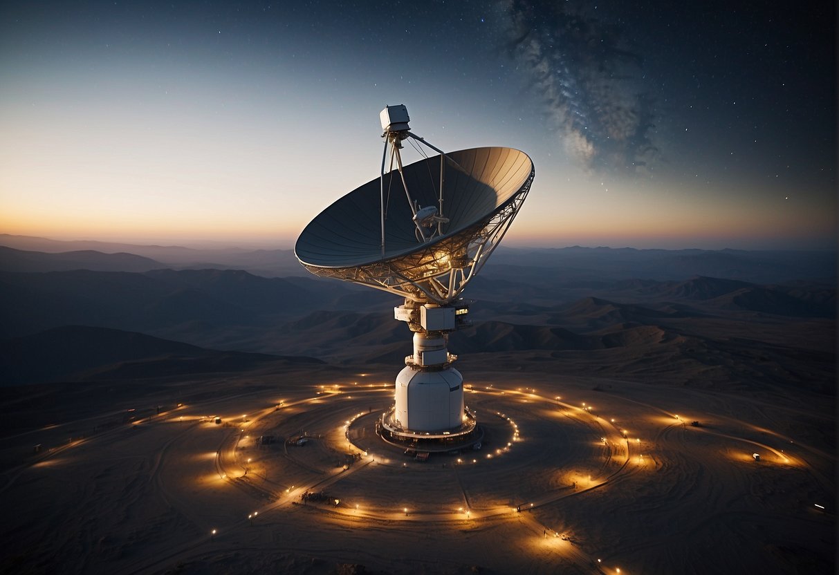 A powerful satellite dish transmits signals into the vast expanse of space, reaching out to potential extraterrestrial civilizations. The surrounding control room buzzes with activity as scientists monitor the transmission