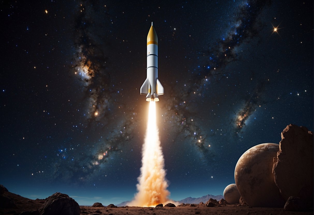 A rocket launches from Earth, surrounded by stars and planets. A group of satellites orbit around it, symbolizing the funding and support for space exploration
