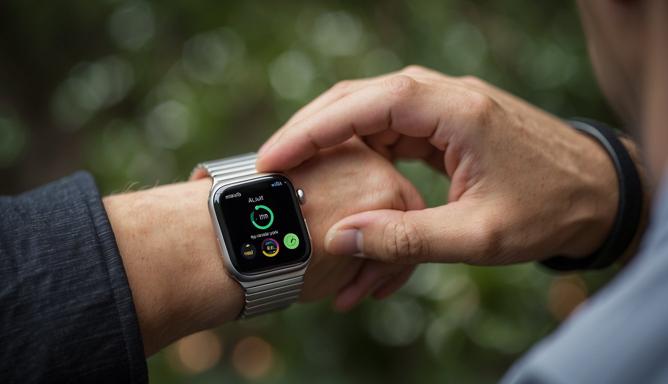 A hand holds an Apple Watch. Fingers press the release buttons on the back of the watch, sliding the band out of place