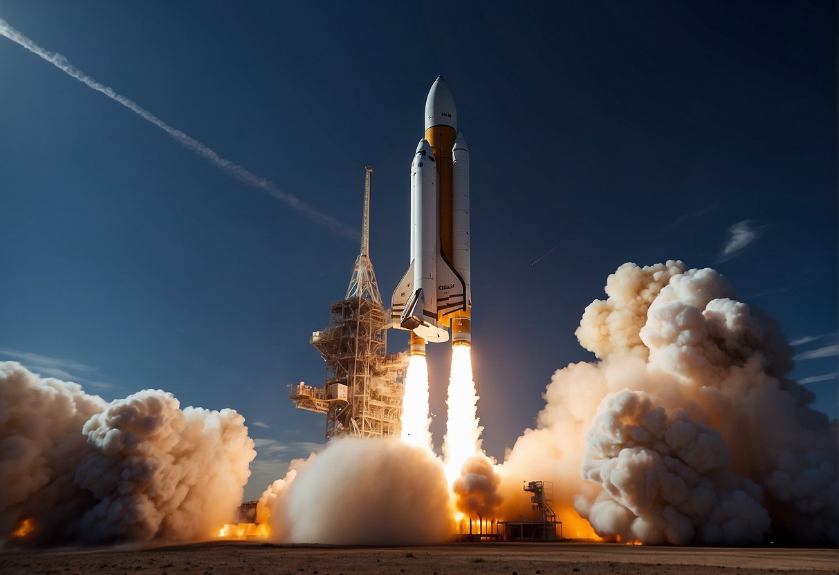 A rocket launches into space, powered by advanced technology. A philanthropist donates funds to support the future of space exploration