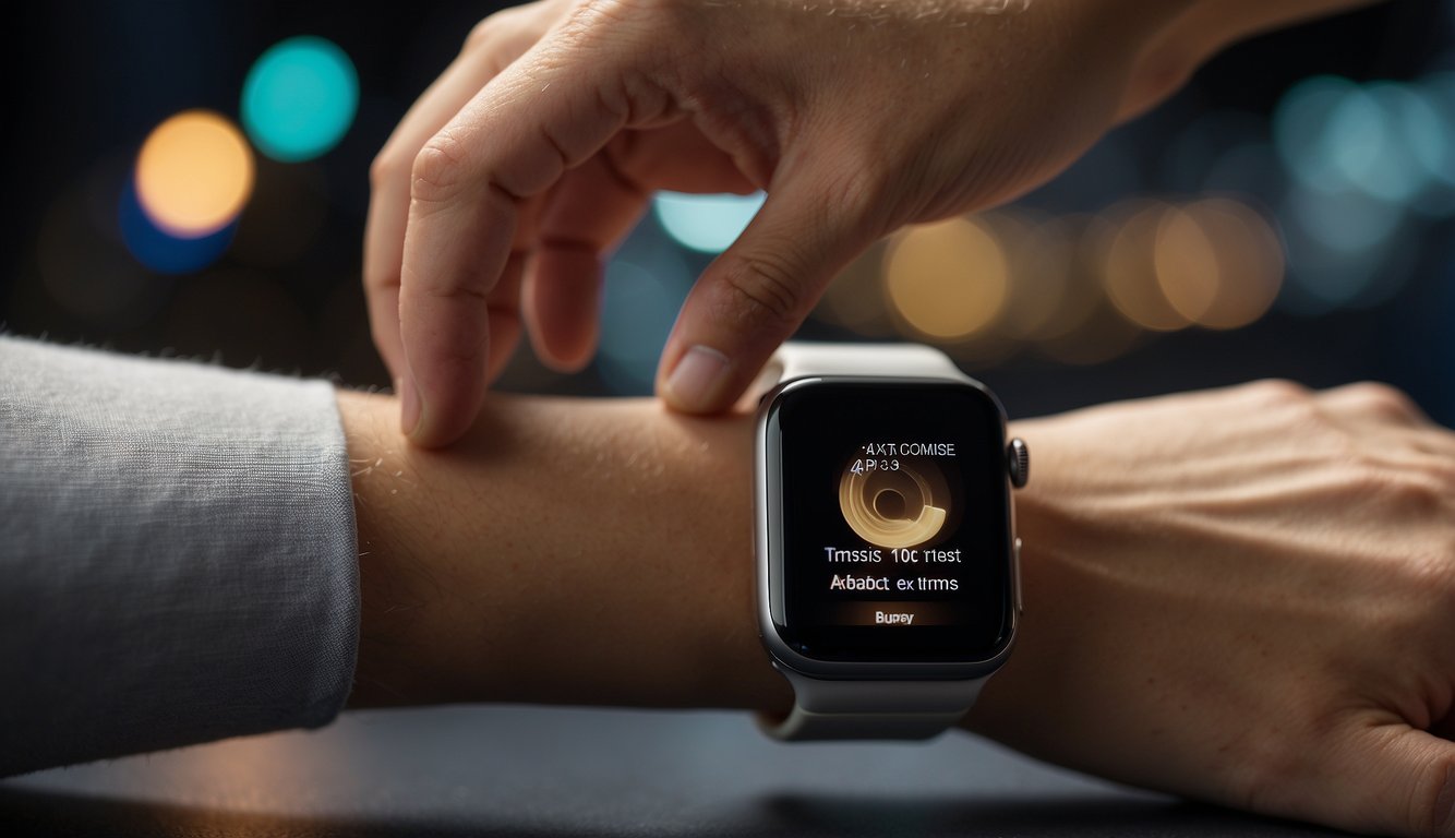 A hand reaches for the release button on an Apple Watch band, pressing and sliding it to detach from the watch face