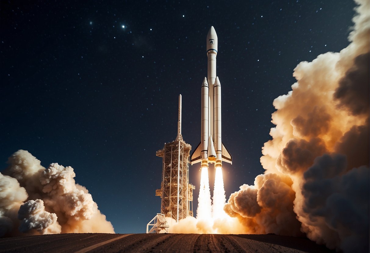 A rocket launches into the vastness of space, overcoming challenges and hurdles in the pursuit of space philanthropy. The stars twinkle in the background as the spacecraft embarks on its mission to fund the future of space exploration