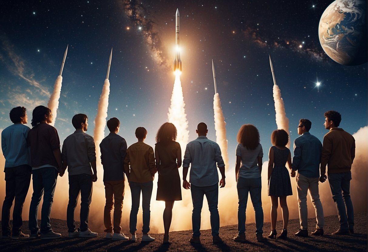 A rocket launches into space, surrounded by stars and planets. A group of diverse people gather around, holding hands and looking up in awe