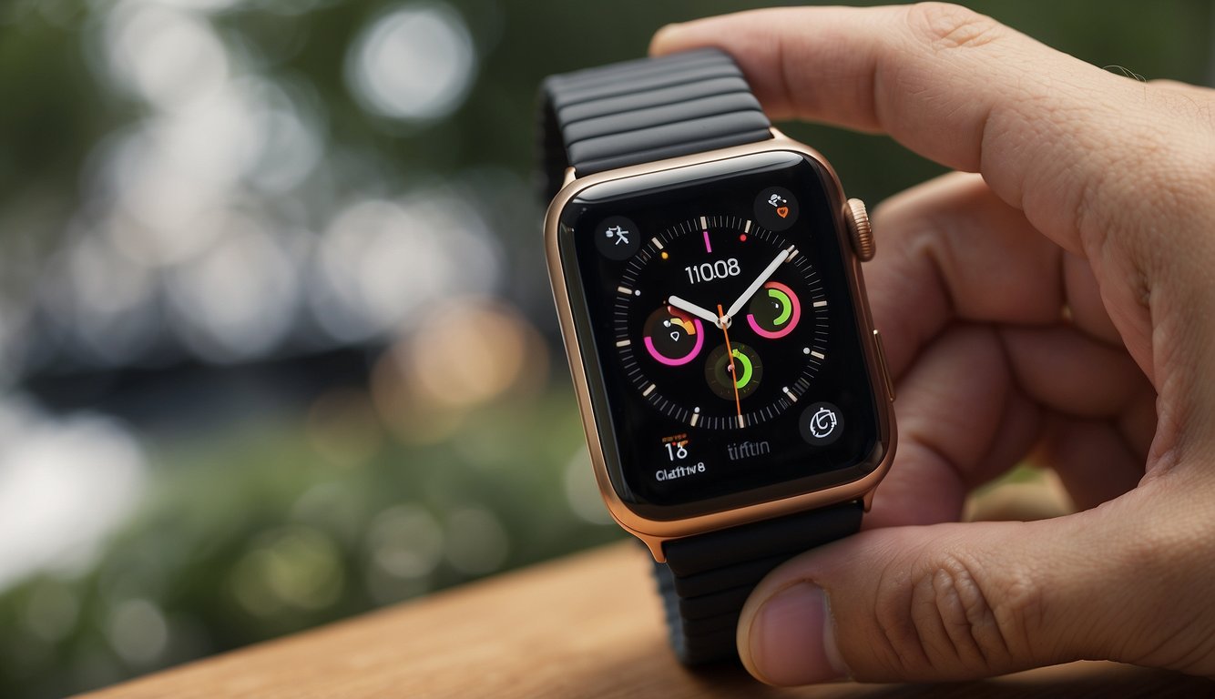 An Apple Watch lies on a flat surface. A hand reaches for the band, then effortlessly slides it into place on the watch face