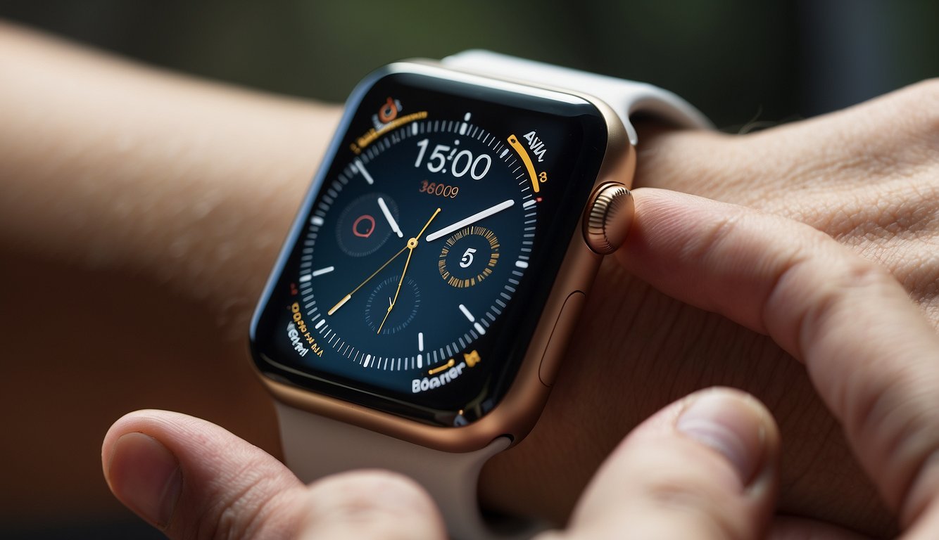 An Apple Watch with a detachable band, being swapped out for a new one using the quick-release mechanism