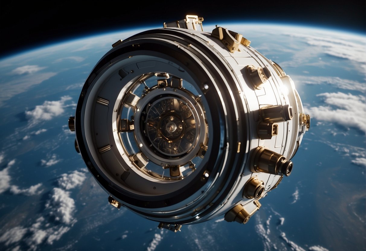 A sleek, high-tech laboratory module floats weightlessly in space, surrounded by the vast expanse of stars and planets. Scientific equipment and experiments fill the interior, showcasing the unique research conducted in microgravity