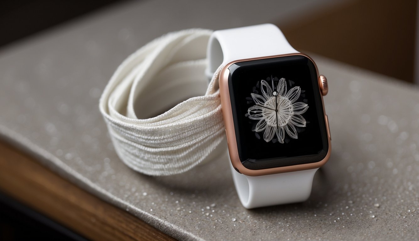 A white Apple Watch band is being wiped down with a damp cloth, then dried thoroughly. The process is repeated until the band is clean and free of any dirt or stains