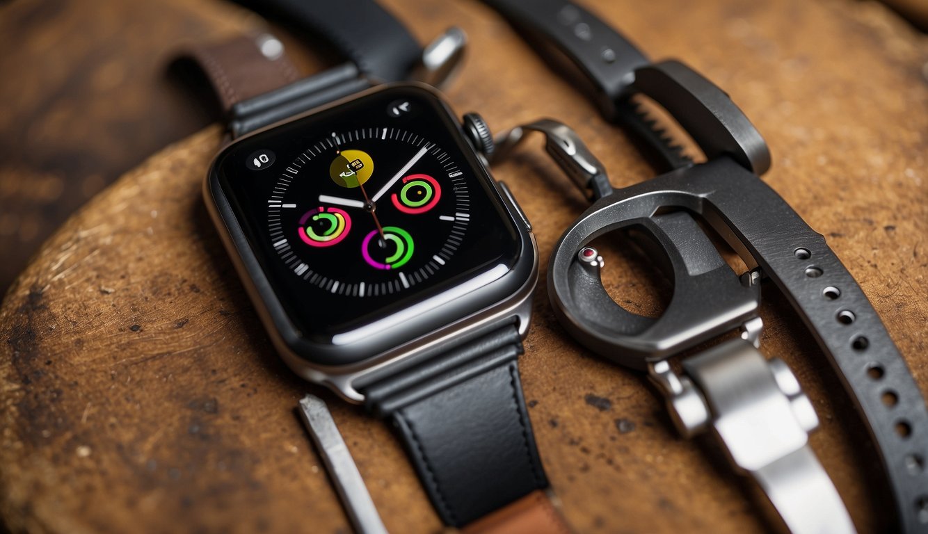An Apple watch with a stuck band, showing various tools and methods for removal