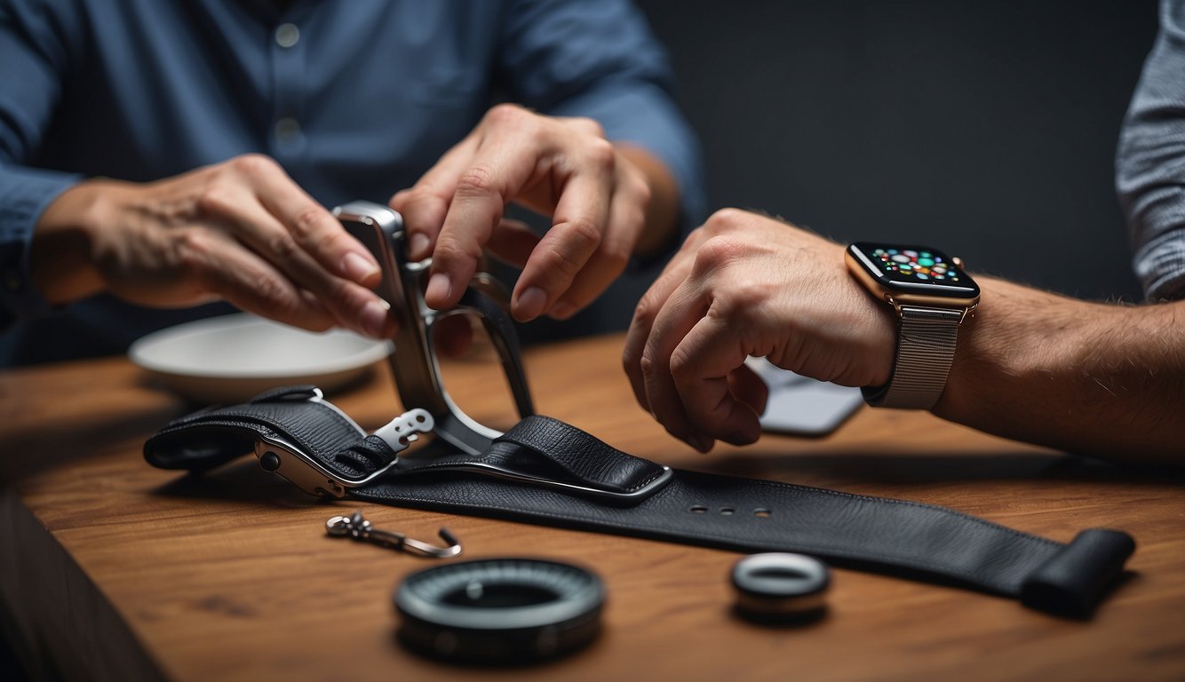 A person struggling to remove an Apple watch band, trying various tools and methods for assistance