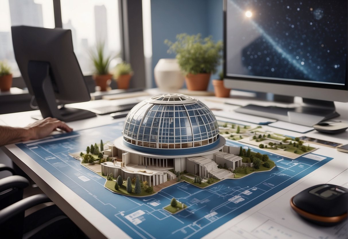 Architectural plans and blueprints scattered on a desk, with a model of Mars habitat in the background. A computer screen displays a 3D rendering of the habitat design