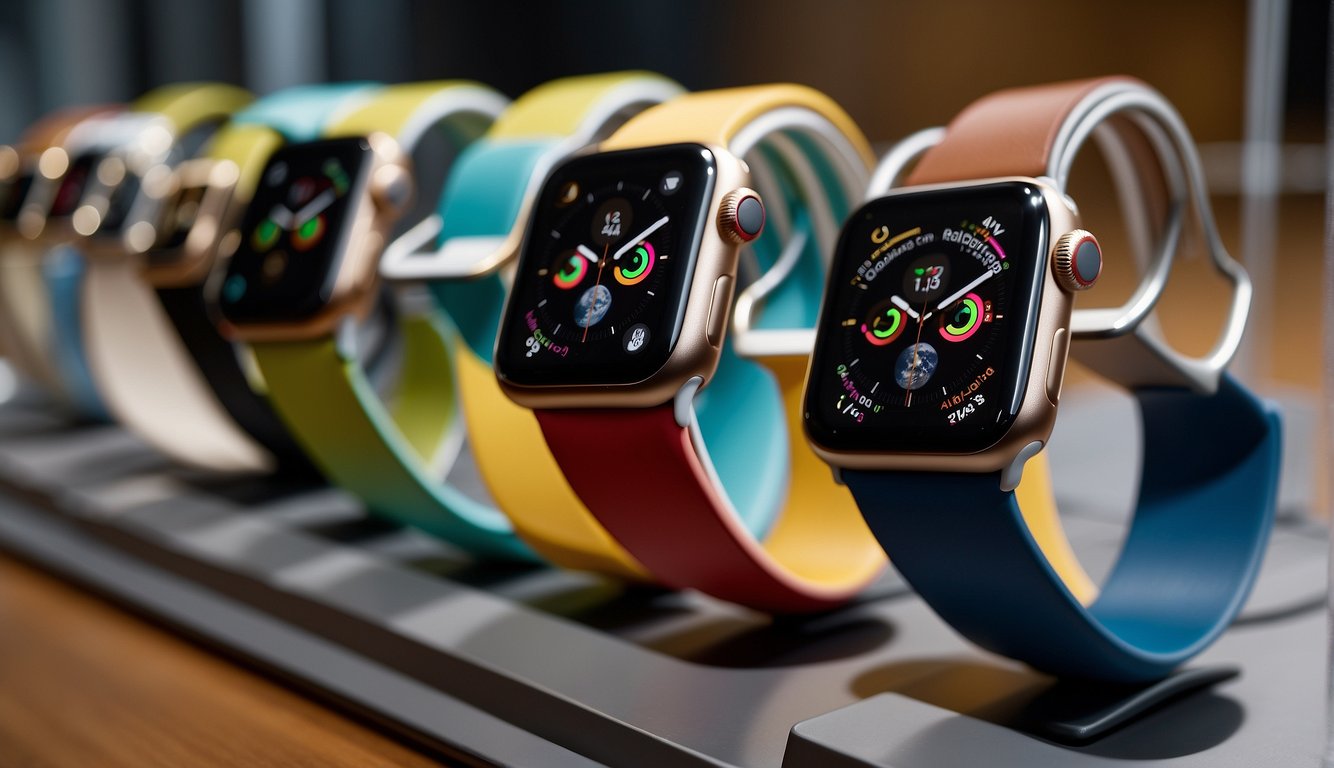 Various Apple watch bands and loops are displayed on a sleek, modern stand. The bands come in a variety of colors and materials, showcasing the latest styles for Apple Watch series