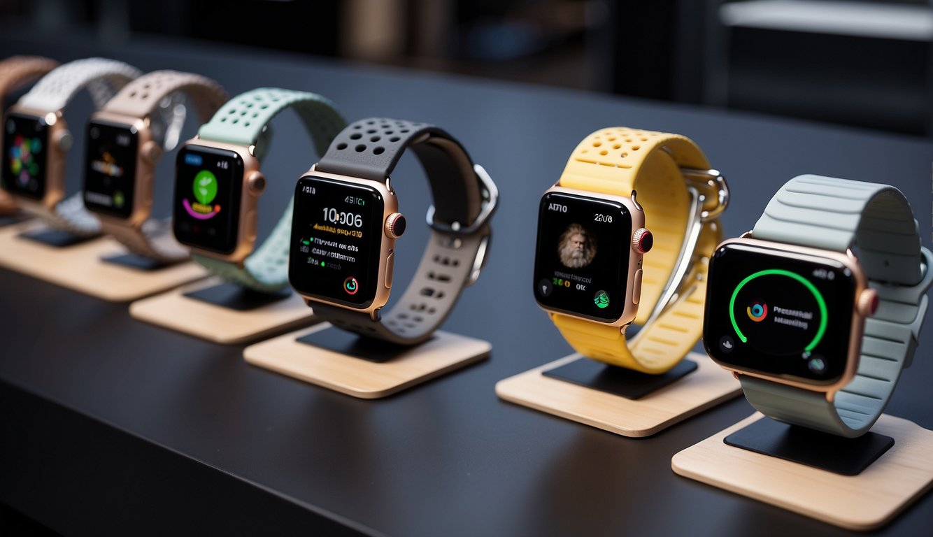 A collection of apple watch bands, showcasing special editions and innovative designs, arranged neatly on a display stand