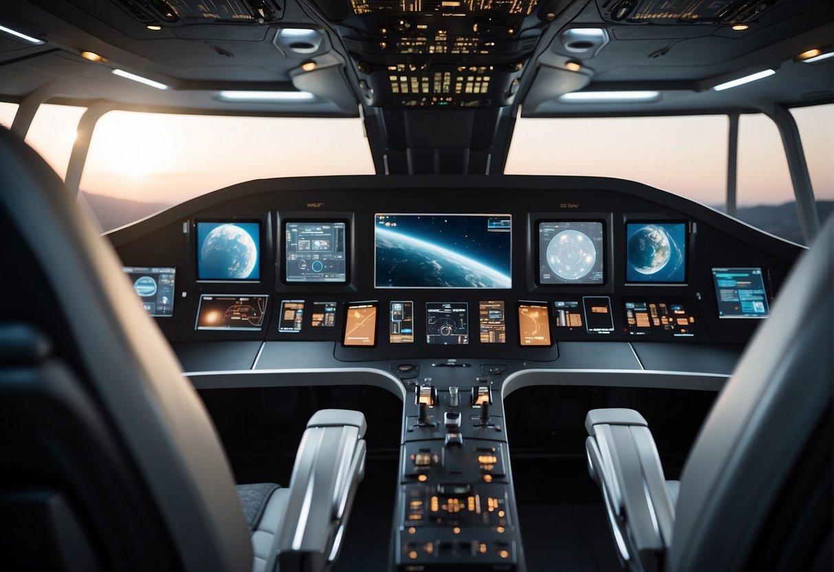 A spacecraft interior, with sleek, ergonomic design and integrated control panels. Soft lighting and sound-absorbing materials create a serene atmosphere
