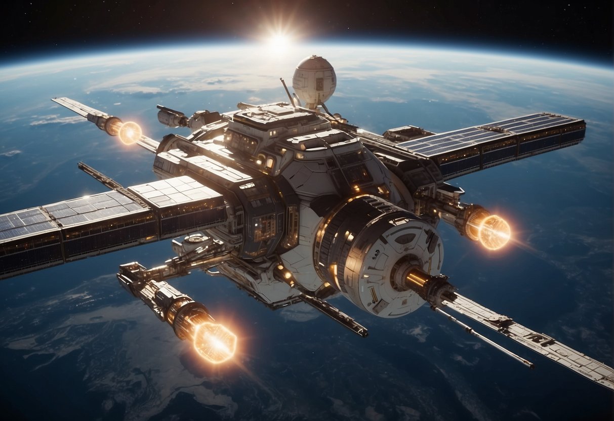 A futuristic space station orbits Earth, armed with advanced defense systems. A network of satellites and laser cannons surround the planet, ready to intercept any potential threats from outer space