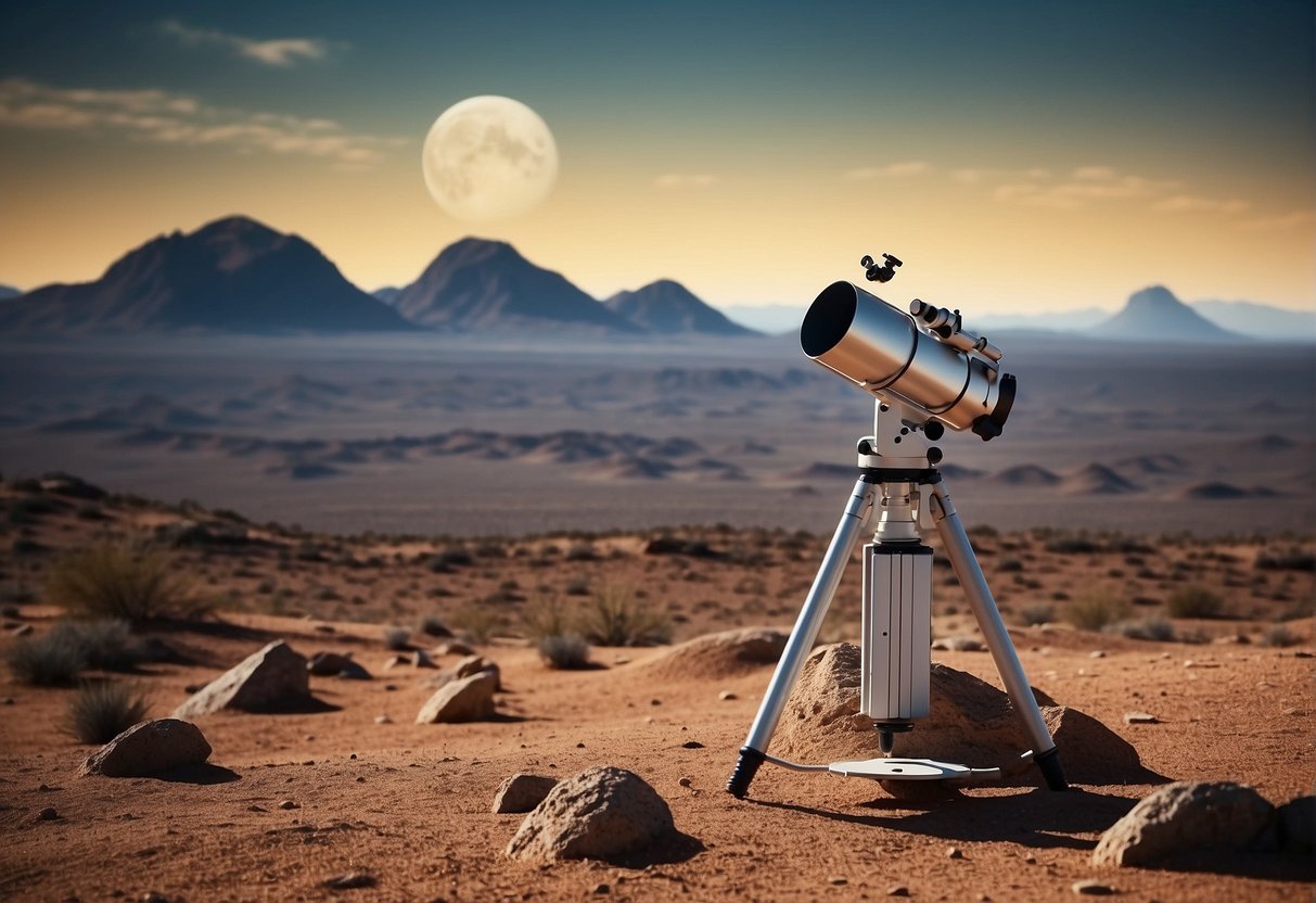 A telescope points towards a distant planet, while a rover explores the surface. A scientist in a lab studies samples for signs of extraterrestrial life