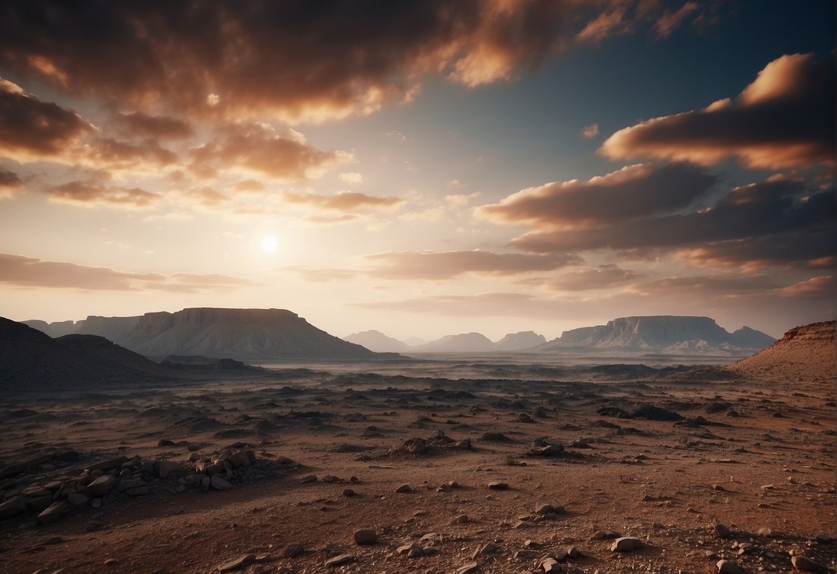 A barren, rocky landscape with harsh, unforgiving terrain. The sky is a deep, ominous shade of red, with swirling clouds of dust and debris. The ground is cracked and desolate, with no signs of life