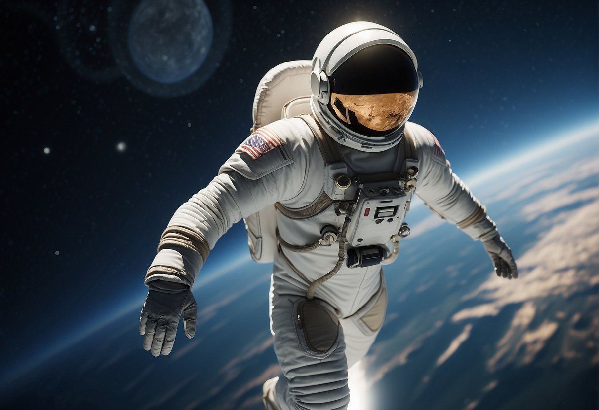 A sleek, futuristic space suit floats weightlessly in a spacious, zero-gravity environment, adorned with minimalist and functional design elements