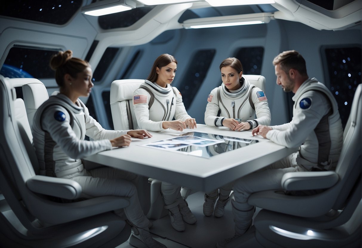 A group of space fashion designers float in a zero gravity studio, sketching and discussing futuristic clothing concepts for space travelers