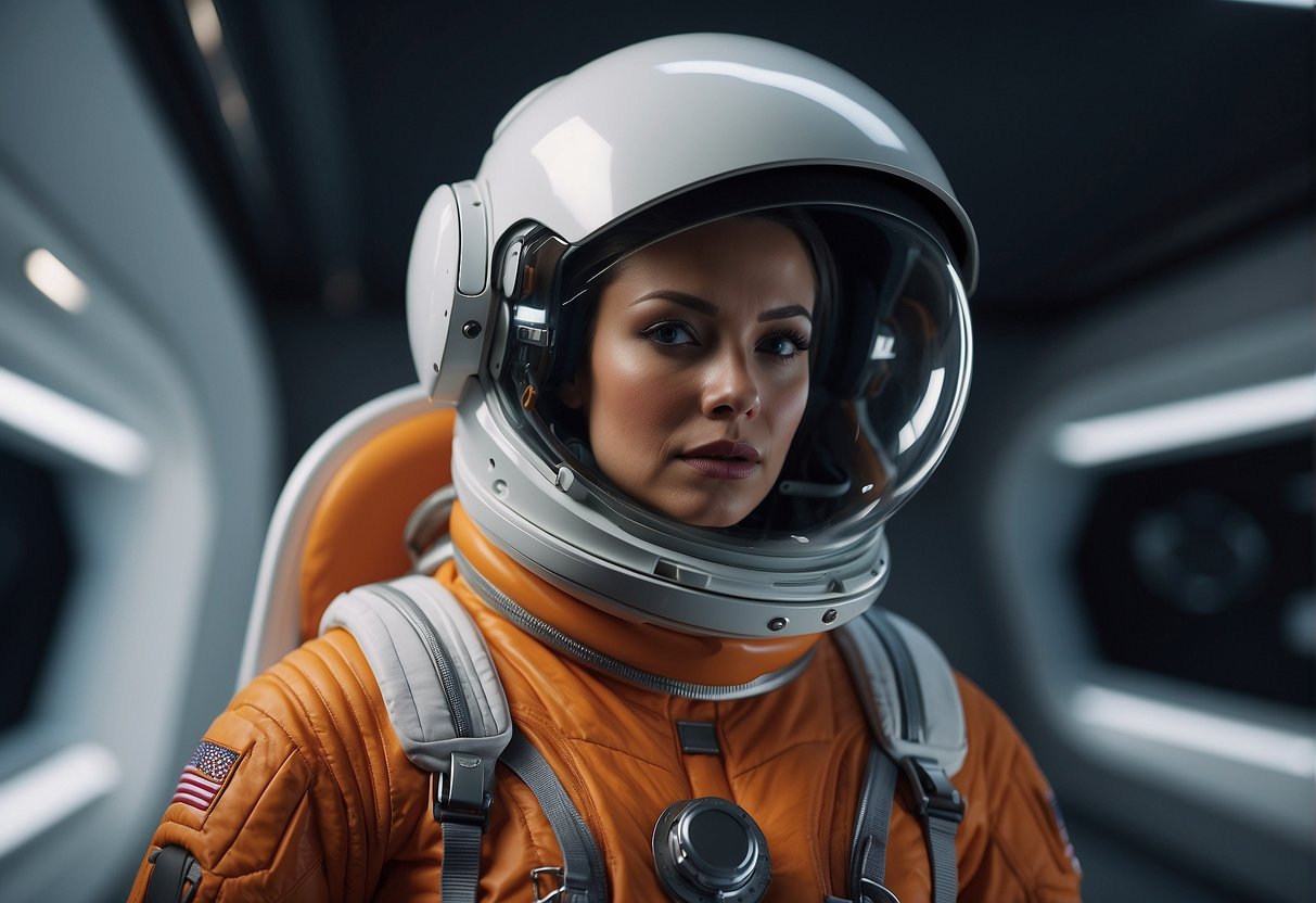 A futuristic space suit floats gracefully in zero gravity, adorned with sleek lines and advanced materials, showcasing the cutting-edge design of space fashion