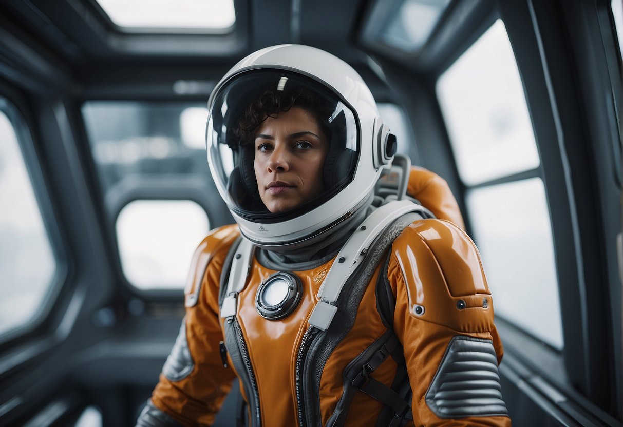 A sleek, futuristic space suit floats gracefully in a zero-gravity environment, adorned with sustainable materials and innovative design elements