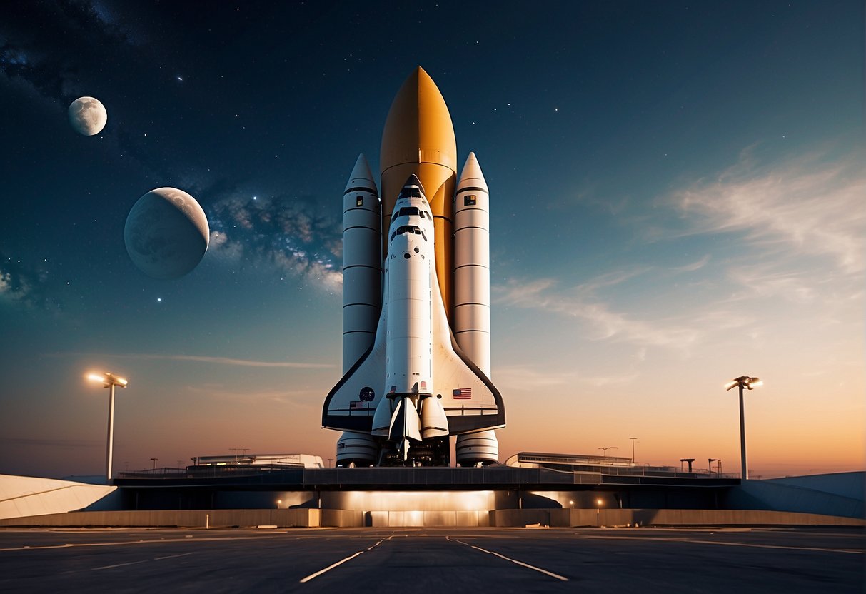 Space tourism A sleek space shuttle docks at a futuristic spaceport, surrounded by towering launch pads and bustling with activity. The backdrop is a vast expanse of stars and planets, hinting at the thrill and adventure of cosmic travel