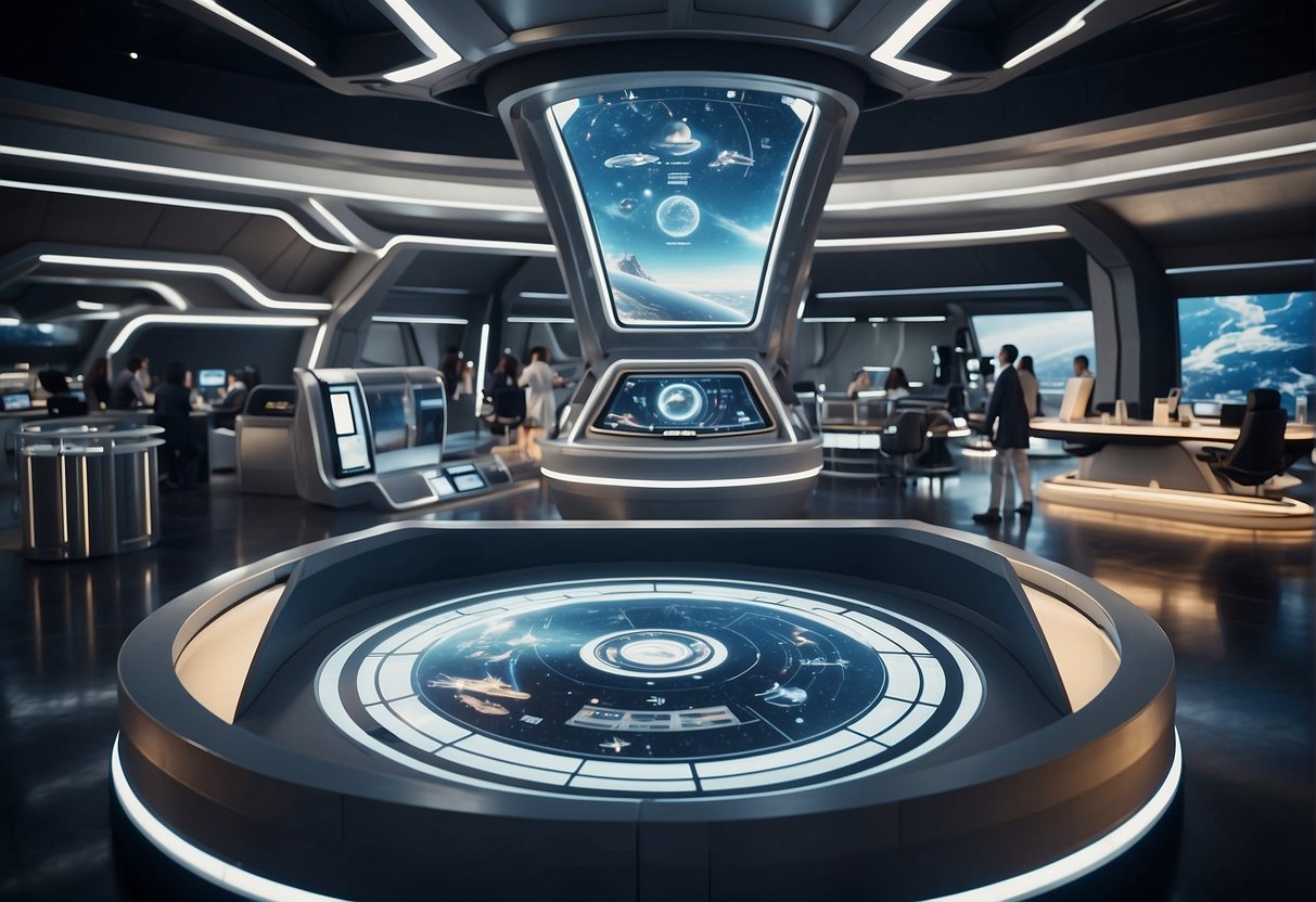 A futuristic spaceport with uniformed personnel overseeing safety protocols for space tourists. Training modules and legal documents are prominently displayed