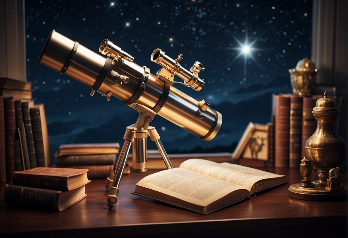 The Renaissance of Amateur Astronomy: A telescope points towards the night sky, surrounded by books and charts. A group of amateur astronomers gather, discussing their latest discoveries and observations