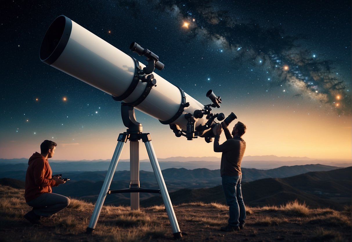 A modern telescope with advanced technology, surrounded by amateur astronomers observing the night sky, contributing to space science from Earth