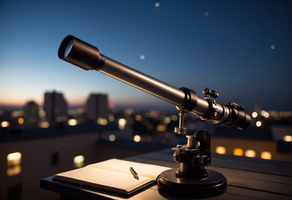 A telescope positioned on a rooftop, pointing towards the night sky. A notebook and pencil lay nearby, capturing observations of celestial bodies