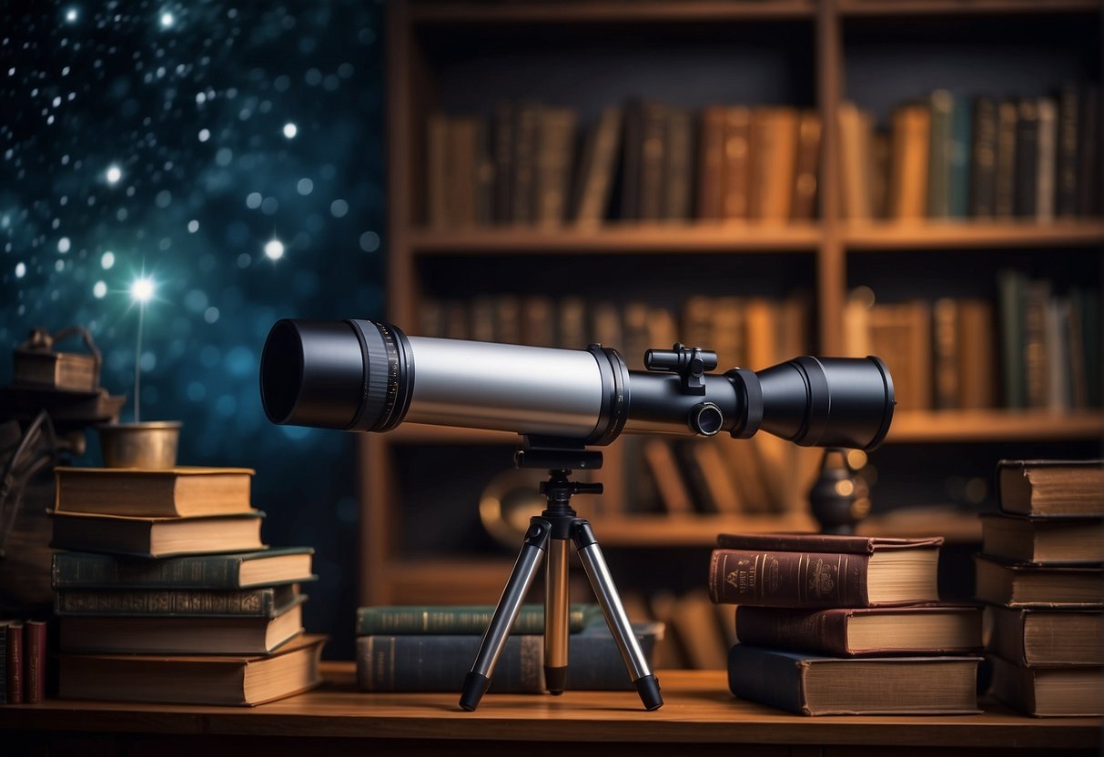 A telescope pointed towards the night sky, surrounded by books on astronomy and scientific instruments, with a sense of curiosity and exploration