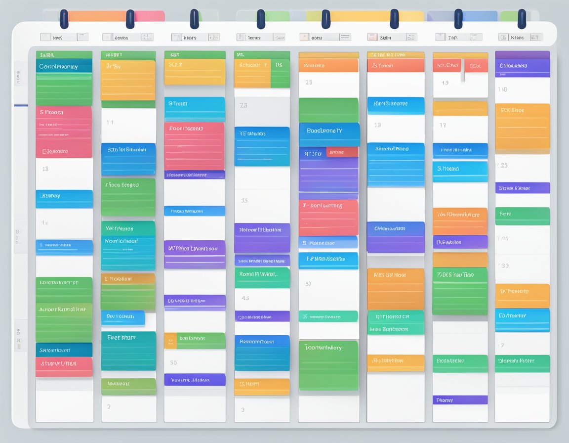 A calendar with color-coded events, tasks, and deadlines displayed in a clear, organized layout. Various time slots are filled, showcasing the versatility of the calendar view feature