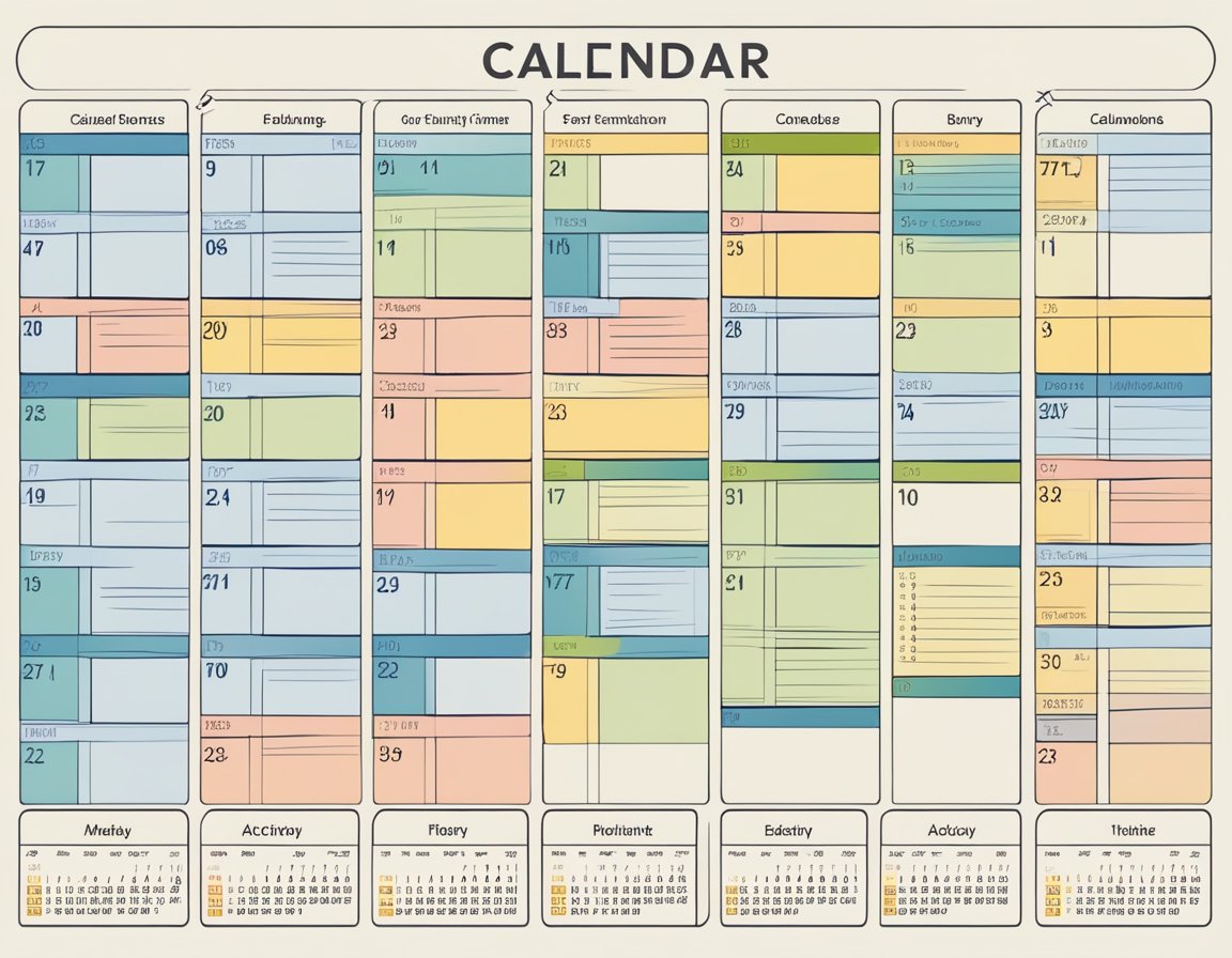 A calendar with color-coded events and tasks, showing a variety of activities and deadlines. The calendar is organized and easy to navigate, with clear time slots and customizable features