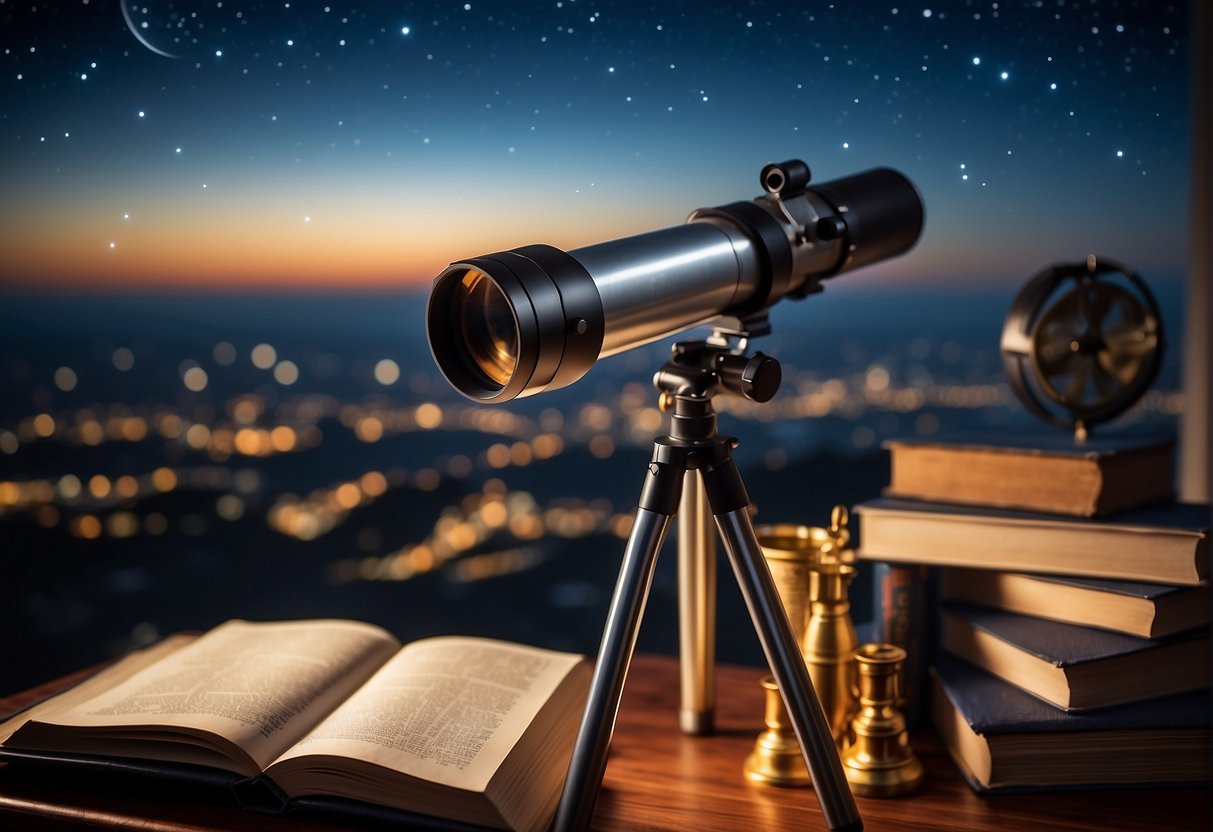 A telescope pointed towards the night sky, surrounded by scientific instruments and books on various fields of study