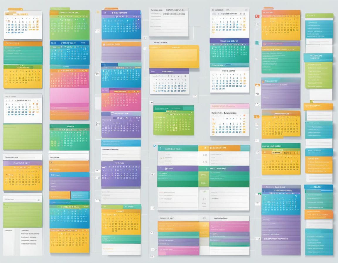 A calendar filled with color-coded events and tasks, with overlapping schedules and deadlines, showcasing the versatility of time management techniques