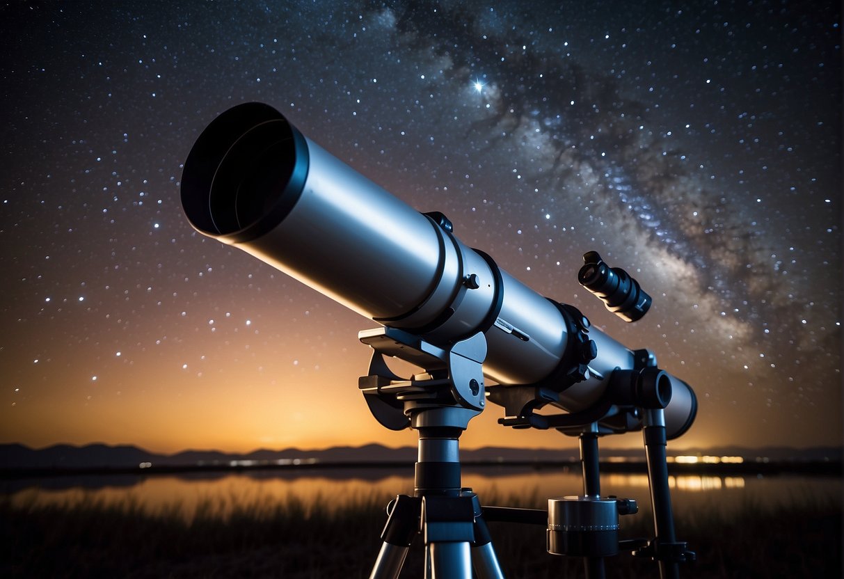 A telescope pointed towards the night sky, with stars and galaxies visible in the background