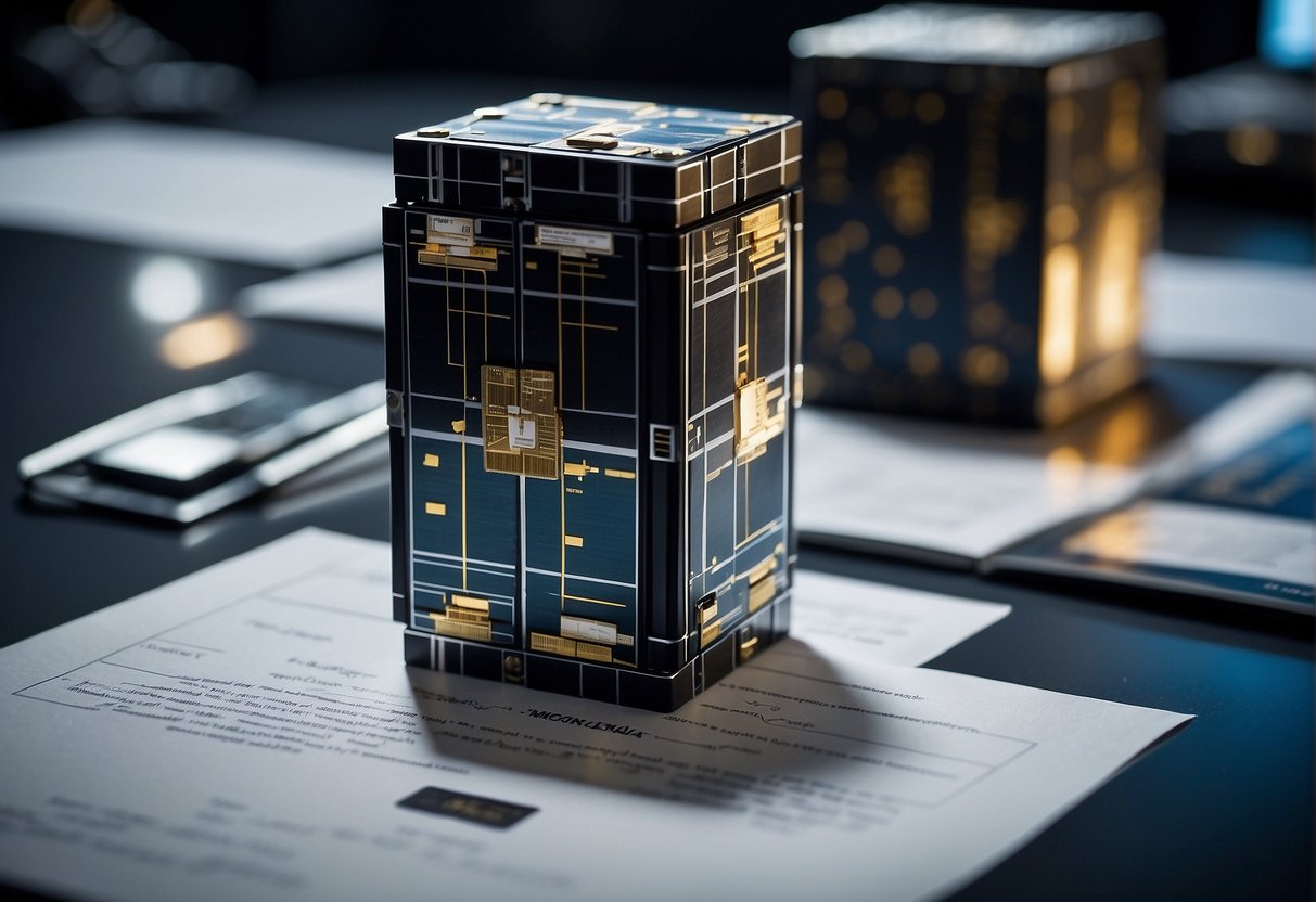 CubeSats orbiting Earth, surrounded by regulatory documents and environmental data. Spacecraft in various sizes and shapes, symbolizing democratized access to space exploration