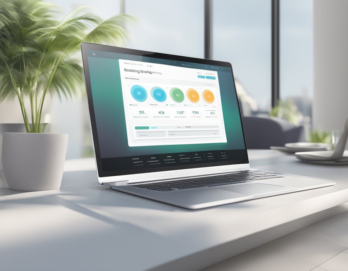 A laptop displaying a dynamic booking widget on a sleek, modern website. A seamless user experience is emphasized, with clear and intuitive navigation