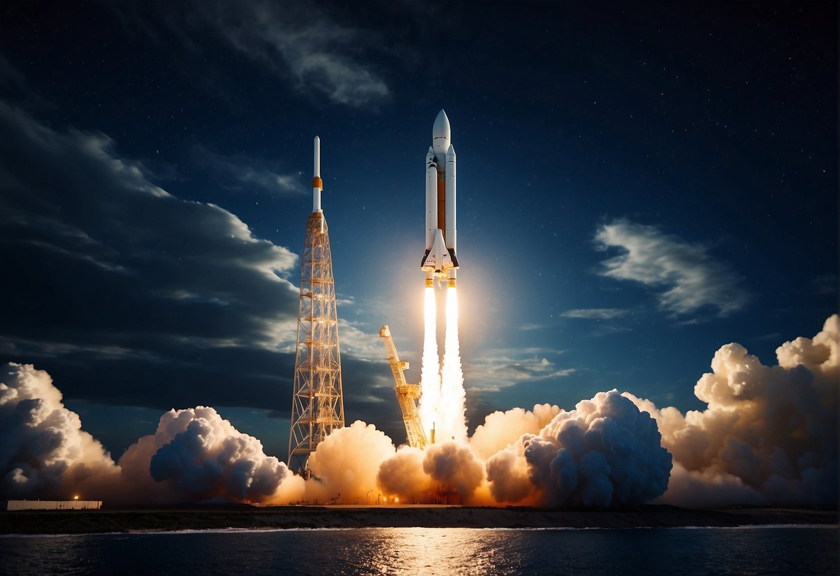 A rocket launches into space, transmitting data to Earth. Satellites orbit the planet, collecting information. Scientists analyze the data, leading to breakthroughs in software engineering