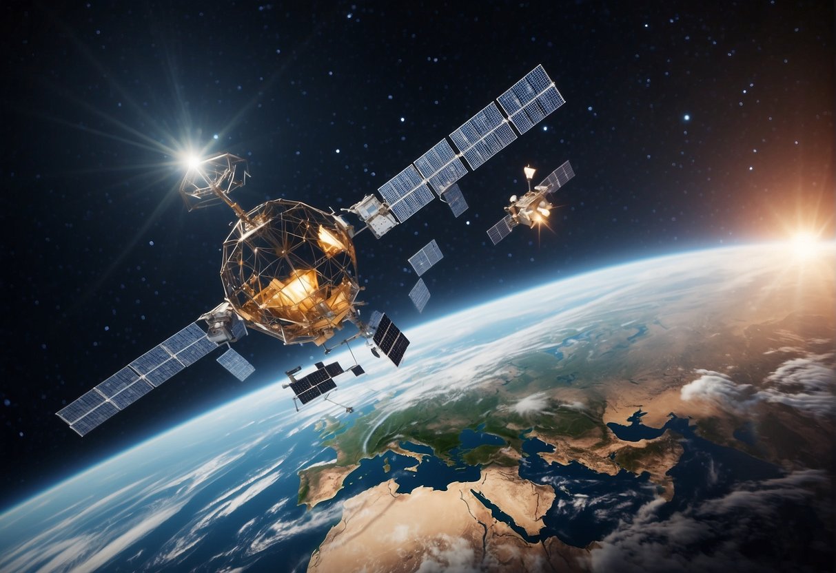 Satellites orbiting Earth, beaming signals to interconnected devices, transmitting data across the cosmos. A network of communication in space, revolutionizing modern computing
