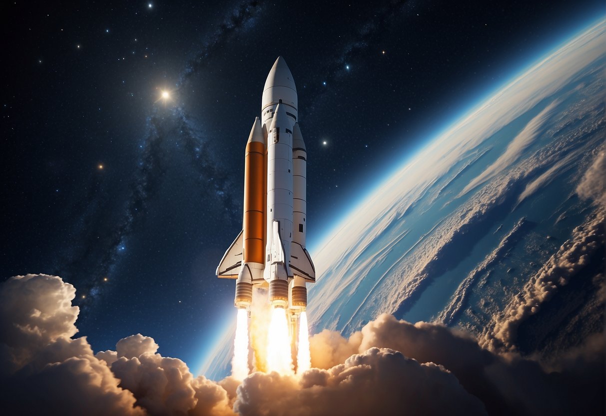 A rocket launches into space, transmitting data to an array of interconnected cloud and edge computing systems on Earth. The fusion of space exploration and modern computing revolutionizes technology