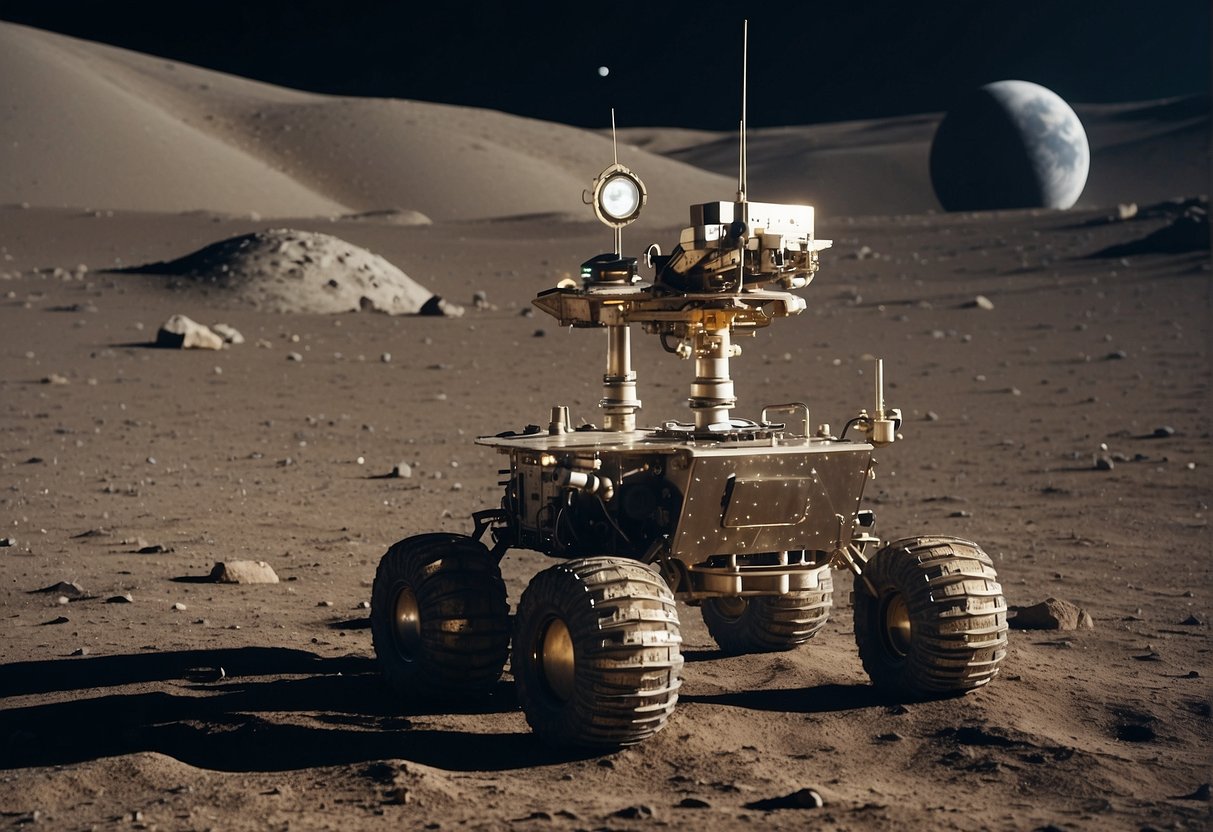 A lunar rover travels across the desolate surface of the moon, with Earth visible in the distant sky. Craters and rocky terrain surround the vehicle, highlighting the harsh and barren landscape of the lunar surface