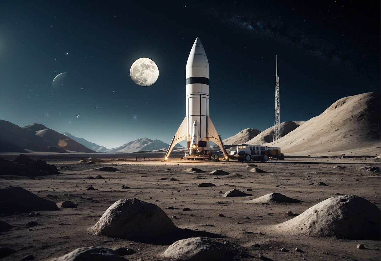 A rocket lands on the moon's surface, with a futuristic space resort in the background. Tourists in space suits explore the lunar landscape, marveling at the Earthrise in the distance